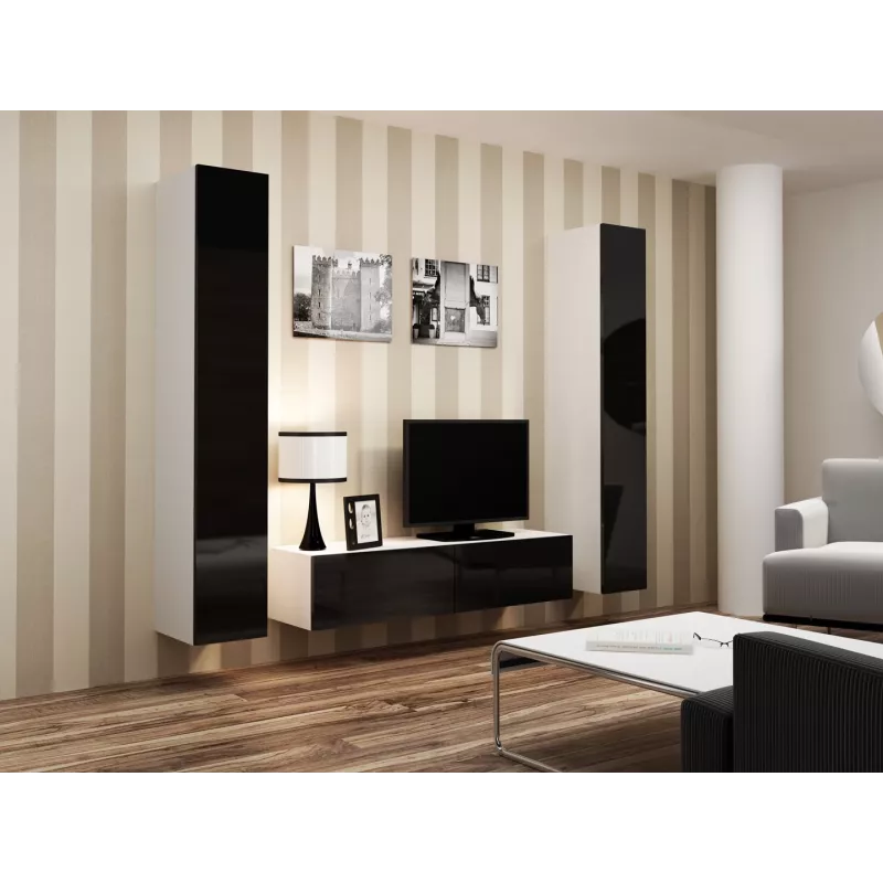 Conjunto de armarios de salón Cama VIGO 9 blanco/negro brillante