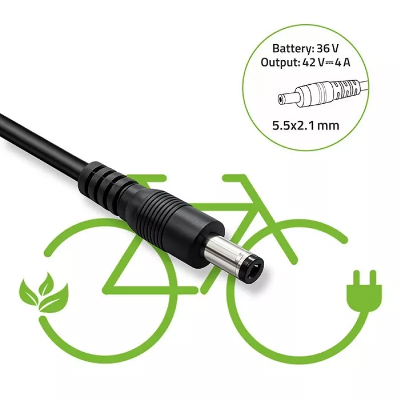 Cargador QOLTEC 36V–42V 4A para e-bike, conector macho DC 5,5×2,1 mm