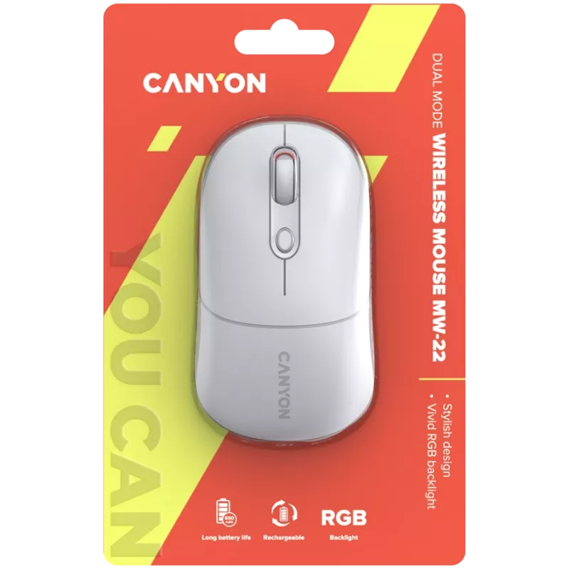 Ratón Canyon MW-22 CNS-CMSW22SW – 2 en 1 Bluetooth/2,4 GHz – óptico – 800/1200/1600 DPI – 4 botones – iluminación RGB – recargable – blanco nieve