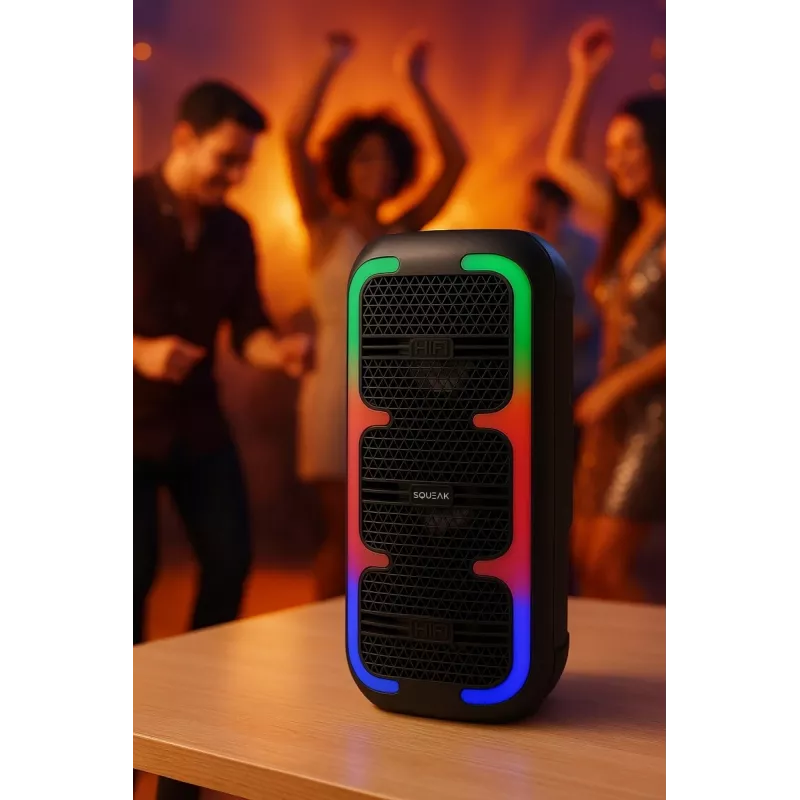 Altavoz estéreo portátil SQUEAK SQ1009 – Bluetooth 5.3, 45 W RMS, 10 h de autonomía, FM, USB, AUX, LED, 1800 mAh, negro