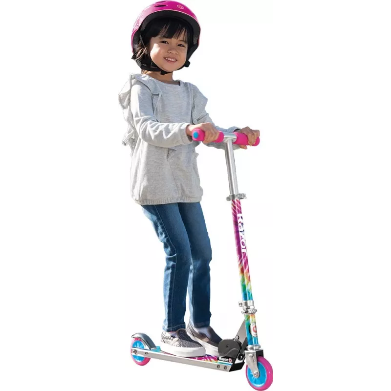 Patinete infantil Razor A Tie-Dye — patinete plegable de aluminio de 2 ruedas, manillar ajustable, ABEC-5, carga máx. 65 kg
