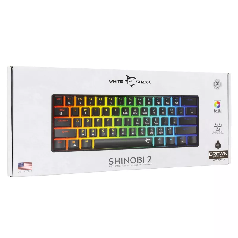 Teclado mecánico White Shark Shinobi-2 negro distribución US con switches Brown