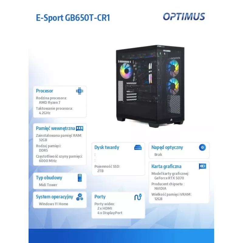 Ordenador E-Sport GB650T-CR1 Ryzen 7 7800X3D/32GB/2TB/RTX 5070 OC 12GB/WIN
