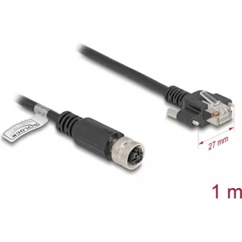 Cable de red DeLOCK M12 D-codificado conector hembra 4 polos a conector macho RJ45 Cat.5e 1 m negro
