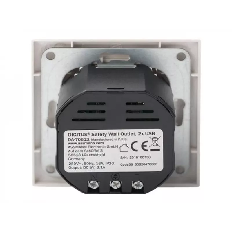 Toma de corriente de seguridad para montaje empotrado Digitus DA-70613 con 2 puertos USB