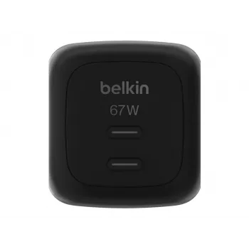 Cargador rápido AC de interior Belkin WCH020kqBK, 2× USB-C, compatibilidad universal, protección eléctrica, negro