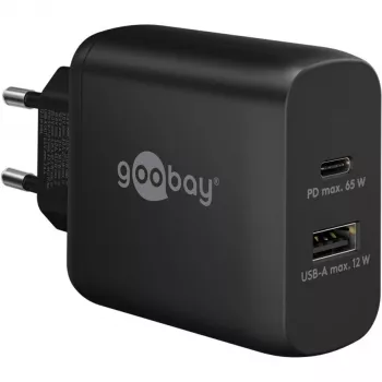 Cargador dual rápido USB-C, PD, GaN, 65 vatios (negro, 1x USB-C, 1x USB-A, Power Delivery)
