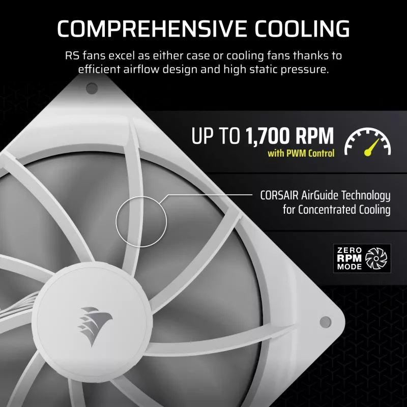 Corsair RS140 PWM ventilador de caja, 140 mm, 36 dB, pack individual, blanco