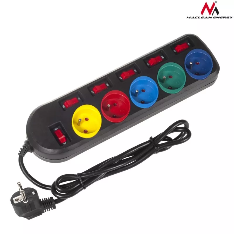 Regleta de enchufes Maclean MCE204M 1,5 m 5 tomas de CA Interior Negra, Multicolor