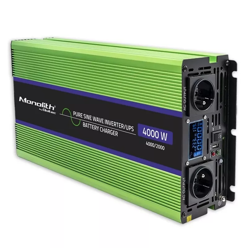 Qoltec Monolith Convertidor de tensión | Carga de batería | SAI | 2000W | 4000W | 12V a 230V | Onda senoidal pura | LCD negro-verde