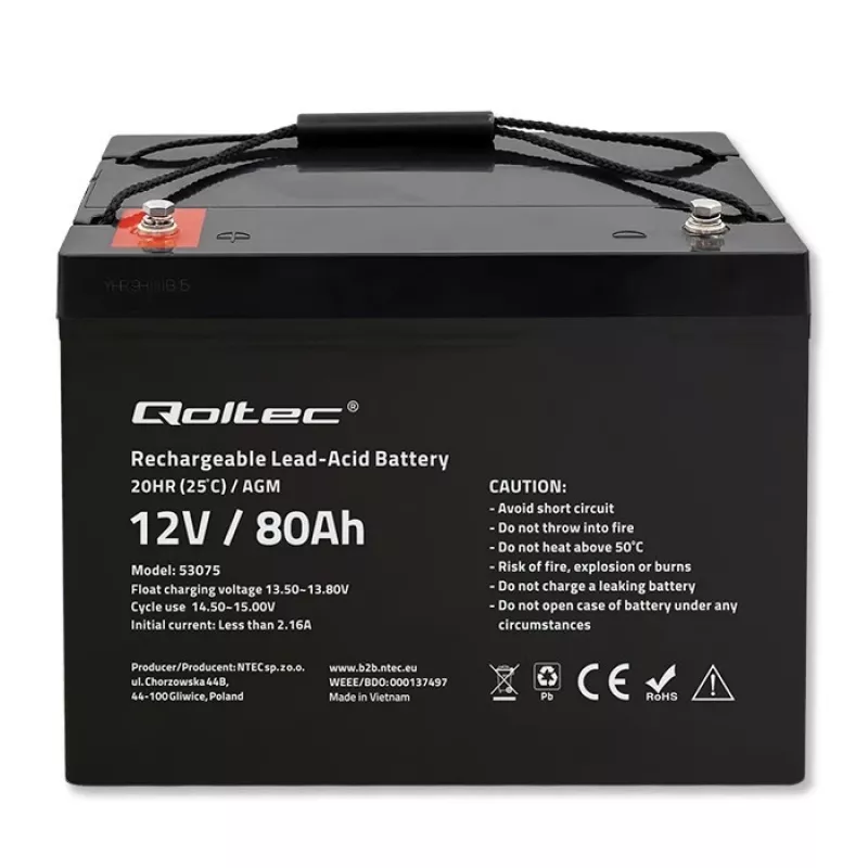 Qoltec Batería AGM | 12V | 80Ah | 23,5kg | Sin mantenimiento | Potente | LongLife | para SAI, autocaravana, barco, caldera