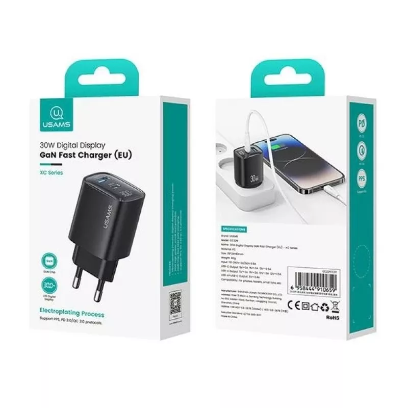 Cargador usams CC229 30W GaN USB-C y USB LED compacto para viaje