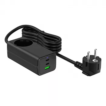 Akyga AK-CH-21 Cargador USB GaN 65 W, 2 x USB-C + USB-A, con regleta, 1,5 m, negro