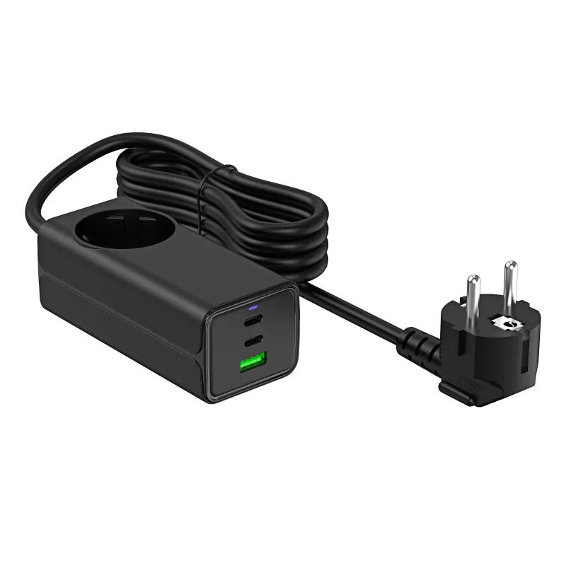 Akyga AK-CH-21 Cargador USB GaN 65 W, 2 x USB-C + USB-A, con regleta, 1,5 m, negro