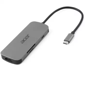 Dongle USB-C 7 en 1 Acer — USB 3.2 Gen 1 Type-C, 3x USB-A, HDMI, SD/MicroSD, 100W PD, plata
