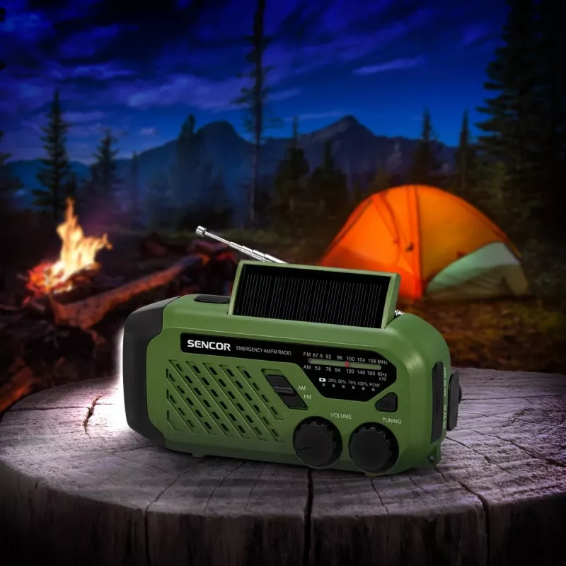 Radio portátil FM/AM SENCOR SRD1000SCLGR con Bluetooth, carga solar/manivela/USB-C, batería de 2000 mAh, IPX4, luces LED