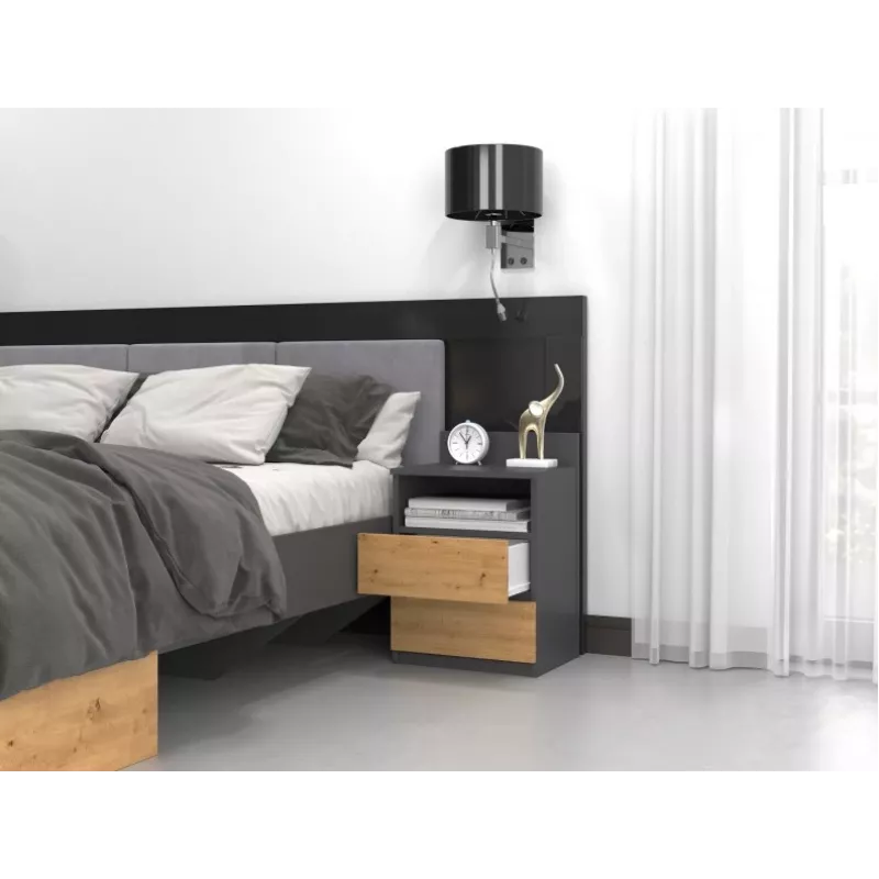 Top E Shop M1 ANTRACYT/ARTISAN mesita de noche, 2 cajones, roble