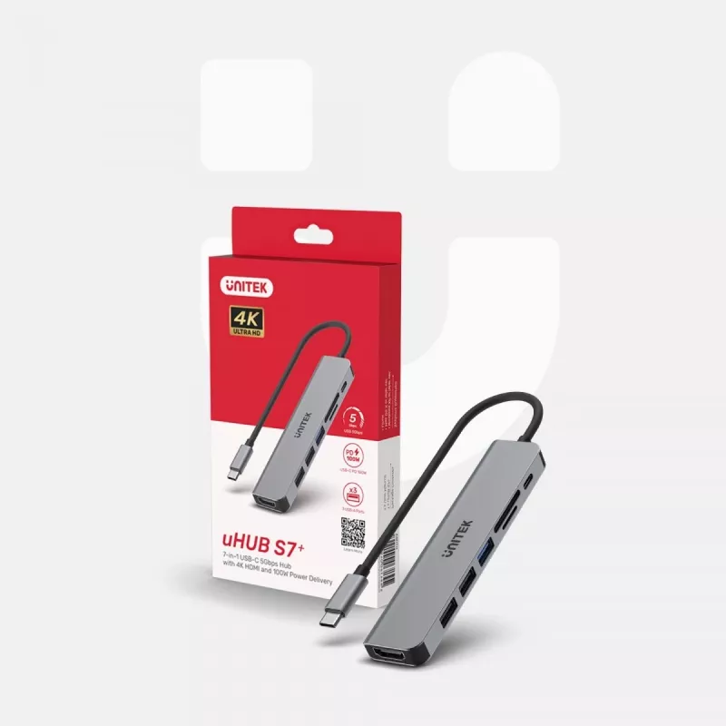 Hub USB-C Unitek 7en1 aluminio PD 100W 5 Gbps — adaptador multipuerto con Power Delivery