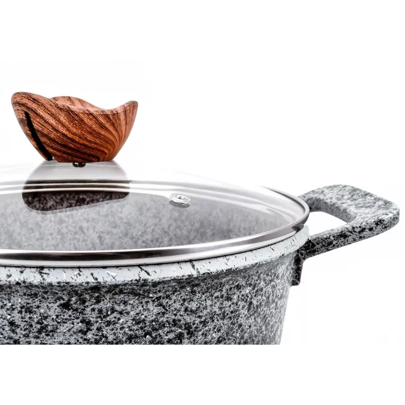 PROMIS Batería de cocina de granito, cazo 16 cm y ollas 20, 24, 28 cm, asas marrones