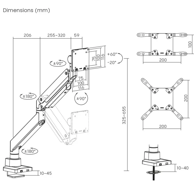 Maclean MC-968 Soporte de monitor de doble brazo con muelle de gas 17-57 27 kg Carga pesada Estable Totalmente articulado Soporte Máx VESA 200x200