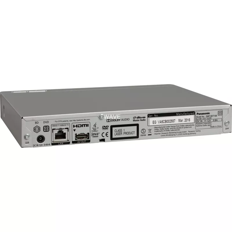 Panasonic reproductor de Blu-ray Disc DMP-BDT168EG DVD-Video, MP3, WMA, JPEG, WAV, XviD, AAC, AVCHD, MKV, CD-DA, FLAC, MPO, BD-MV, ALAC conexión USB
