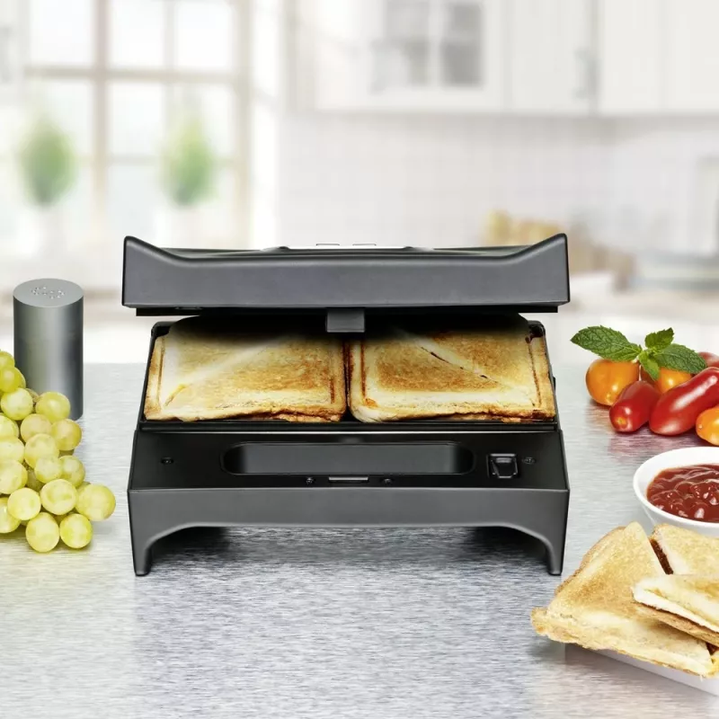 Sandwichera Rommelsbacher SWG 700 – parrilla eléctrica compacta 3 en 1 con 3 placas intercambiables (sándwich, gofre belga, parrilla), detalles en acero inoxidable