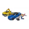 Bruder MB Sprinter transportador de coches con módulo de luz y sonido, naranja/azul, incl. roadster