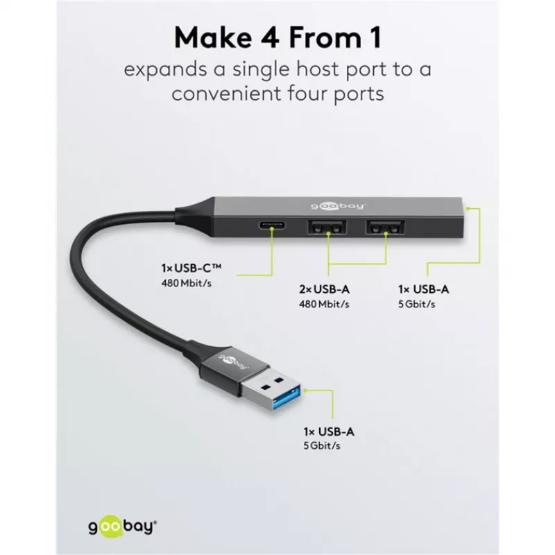 Hub USB Goobay Slim de 4 puertos, USB-A a USB-C™/USB-A, USB 3.2 (74458)