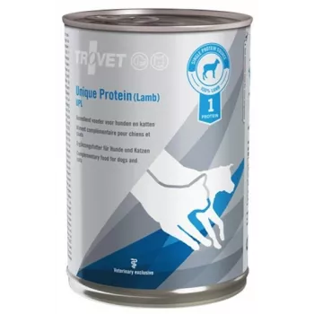 Dieta veterinaria húmeda monoproteica TROVET Unique Protein UPL cordero 400 g — sabor cordero, 82% humedad, 8,5% proteína, 5% grasa