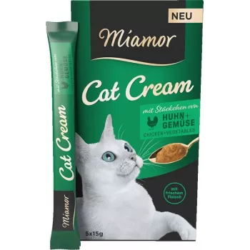 Snack húmedo para gatos Miamor Cat Cream pollo con verduras, tubos de pasta 5×15 g, sin gluten, sin azúcar