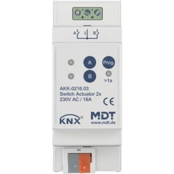 MDT Actuador de conmutación 2 canales 2TE REG 16A 230VAC Compacto 70µF 10EVG AKK-0216.03