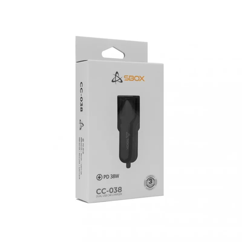Cargador para coche SBOX CC-038 38W Negro — fuente de alimentación dual USB para vehículos