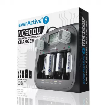 Cargador de baterías everActive NC-900U universal DC — carga AA, AAA, C, D, 9V, hasta 6 celdas, negro