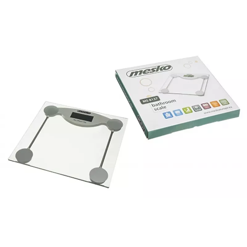 Báscula de baño electrónica Mesko MS 8137 — capacidad 150 kg, precisión 100 g, blanca/transparente