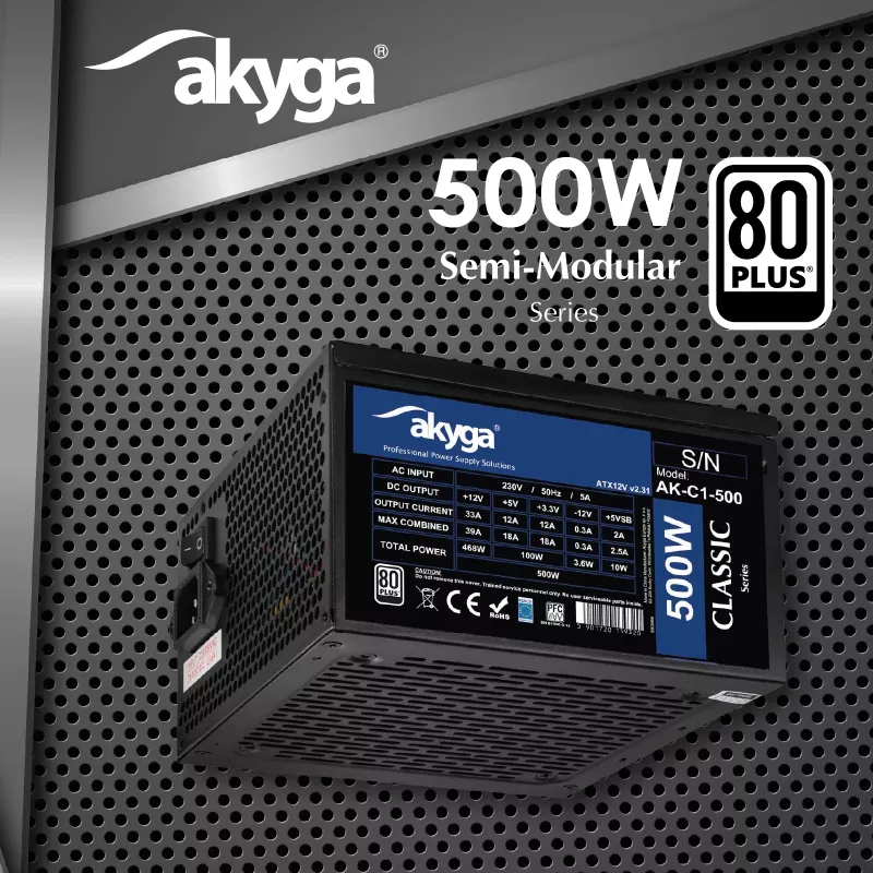 Fuente de alimentación ATX Akyga Classic AK-C1-500 500 W, 80 PLUS, PFC activa, ventilador de 120 mm