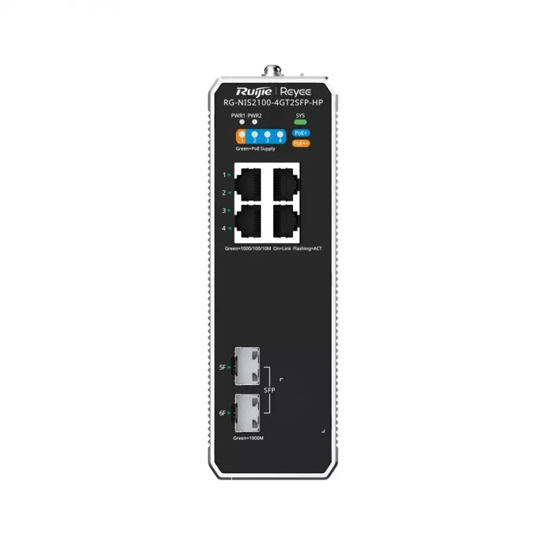 Switch de red gestionado L2 RUIJIE RG-NIS2100-4GT2SFP-HP — 4× Gigabit RJ45, 2× SFP, PoE++ (180 W), montaje en rack/pared/DIN