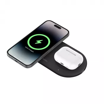 Belkin WIZ021VFBK – Estación de carga inalámbrica 2 en 1 con tecnología Qi2 15 W, negra