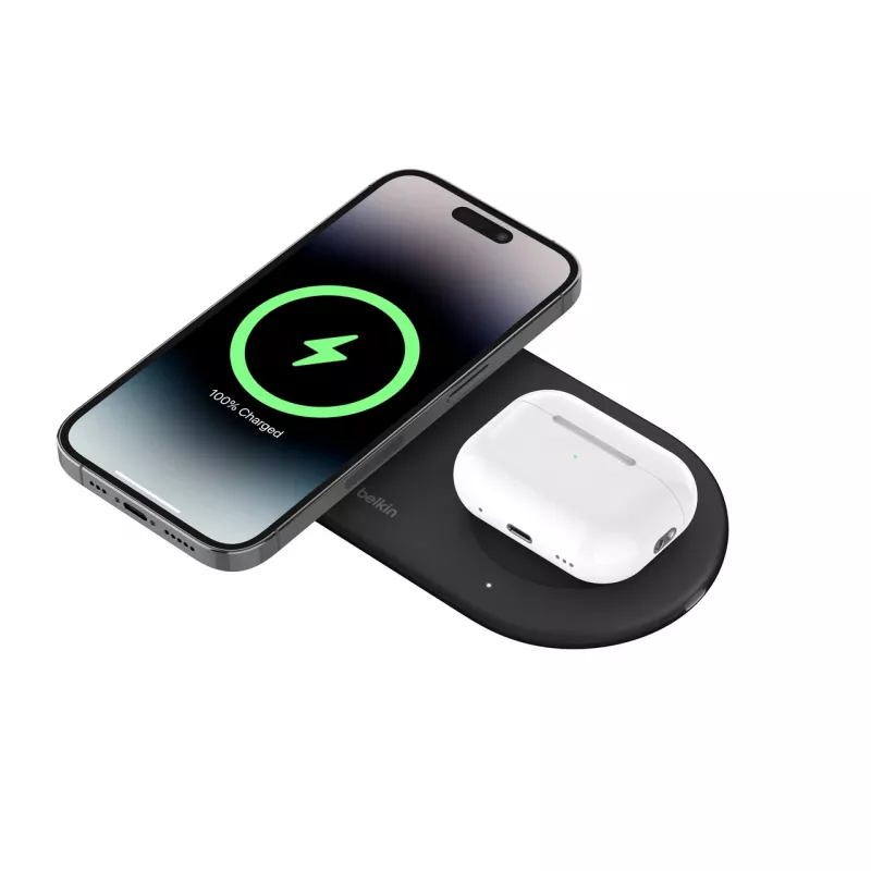 Belkin WIZ021VFBK – Estación de carga inalámbrica 2 en 1 con tecnología Qi2 15 W, negra