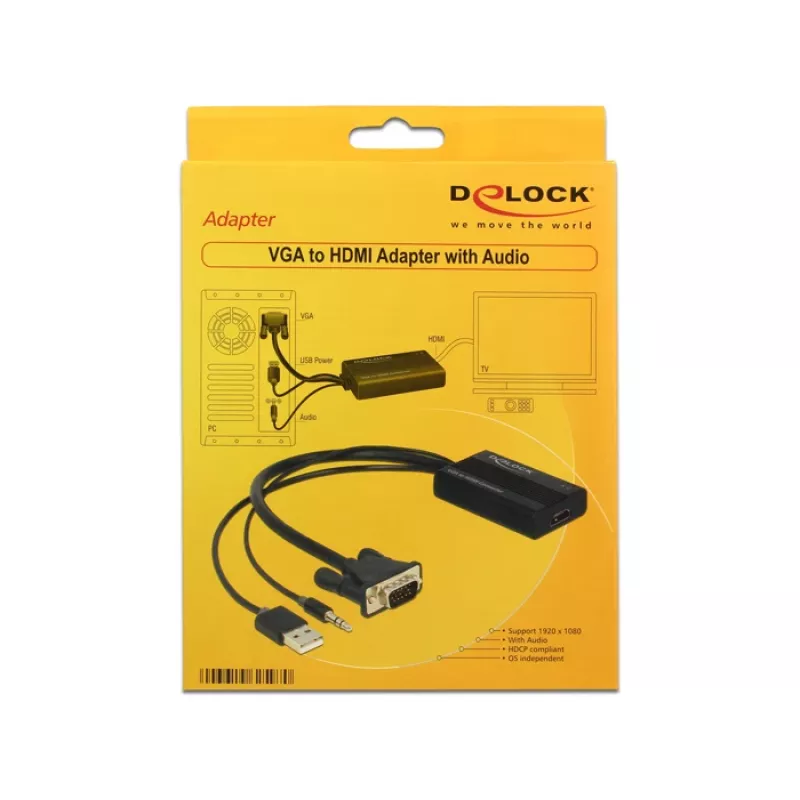 Cable adaptador de vídeo DeLOCK 62597 0,25 m HDMI Type-A VGA D-Sub 3,5 mm USB Type-A negro
