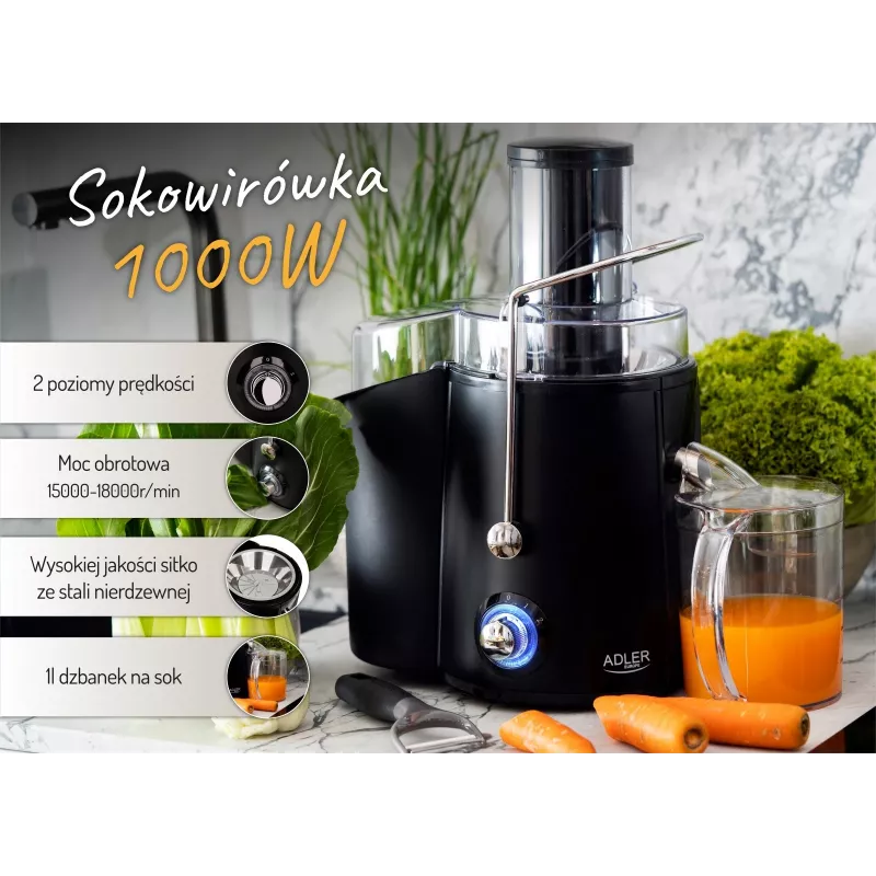 Exprimidor centrífugo Adler AD 4127 — 1000 W, negro, jarra de zumo, 3,9 kg