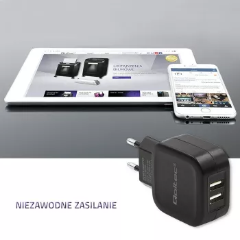 Cargador de interior AC QOLTEC 50186 para smartphone y tablet, 5 V 3.4 A, 17 W, 2× USB, negro