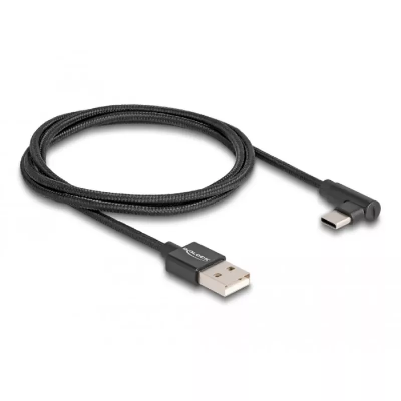 Cable USB 2.0, conector macho USB-A > conector macho USB-C (negro, 1 metro, recubierto, acodado 90°)