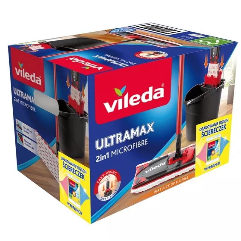 Fregona VILEDA Ultramax BOX 177453 con cabezal de microfibra recargable, cubo escurridor, 3 paños lavables, negro