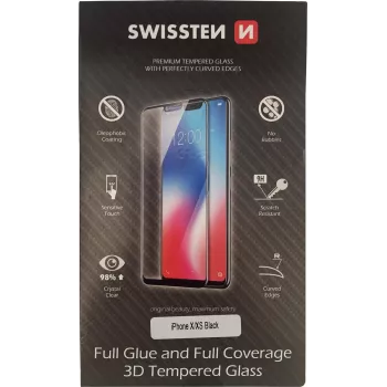 Protector de pantalla templado 3D Full Glue SWISSTEN para iPhone X/XS — negro, cristal de superficie completa