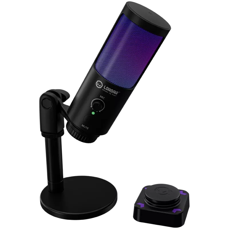 LORGAR SMP40, micrófono RGB con botón de silencio externo y soporte de metal, negro