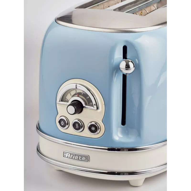 Tostadora Ariete 155 Design 2 rebanadas con cestas para sándwich, 6 niveles de tostado, 810 W, carcasa de acero inoxidable, bandeja recogemigas extraíble, azul pastel