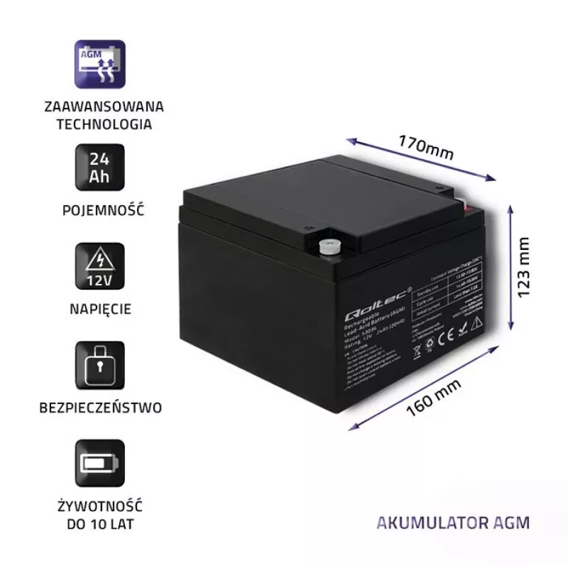 Batería AGM Qoltec 53036 | 12V | 24Ah | máx 360A