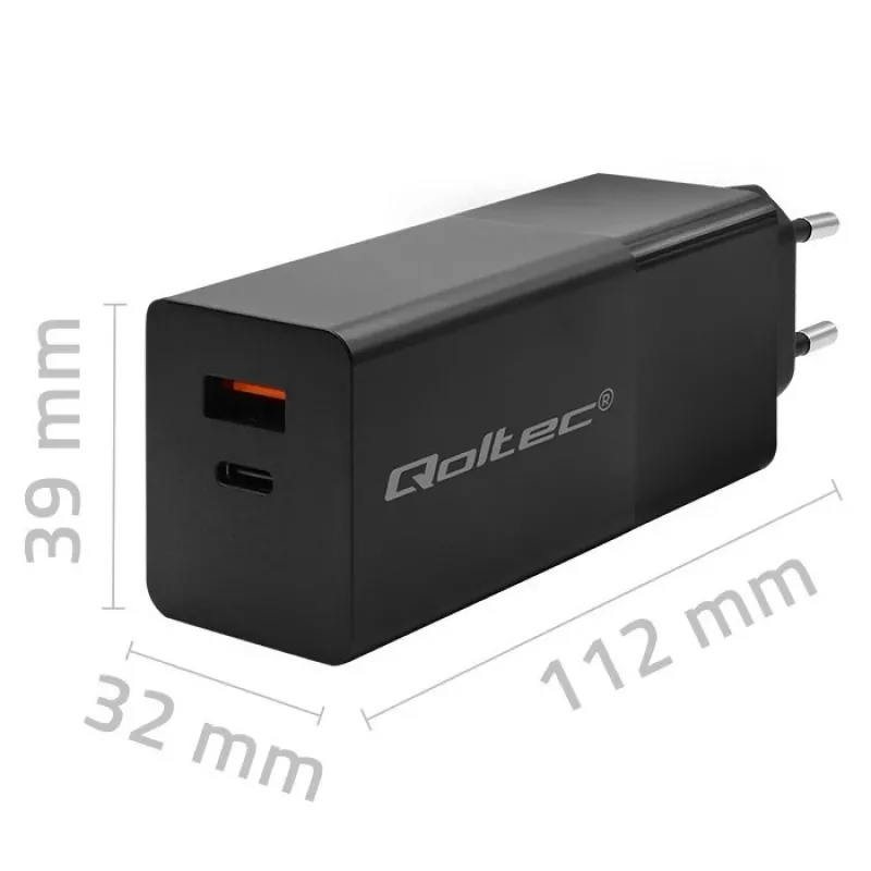 Qoltec 52382 Cargador GaN POWER PRO | 1xUSB Type C | 1xUSB A | 100W | 5-20V | 1.5-5A | PD | negro