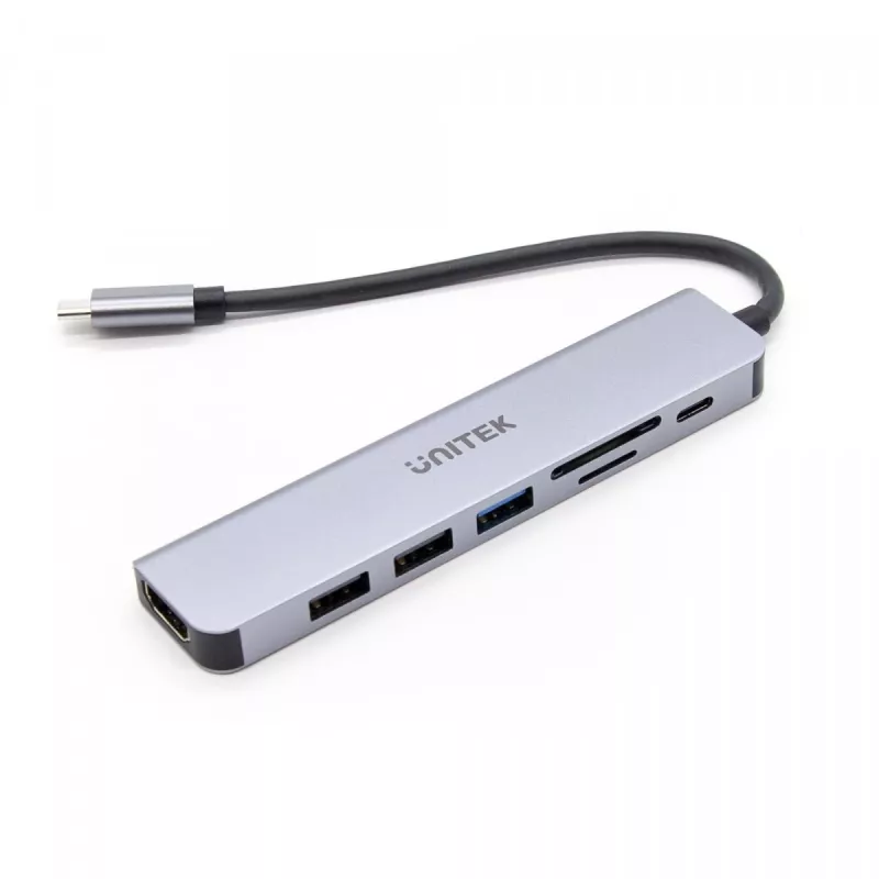 Hub USB-C Unitek 7en1 aluminio PD 100W 5 Gbps — adaptador multipuerto con Power Delivery