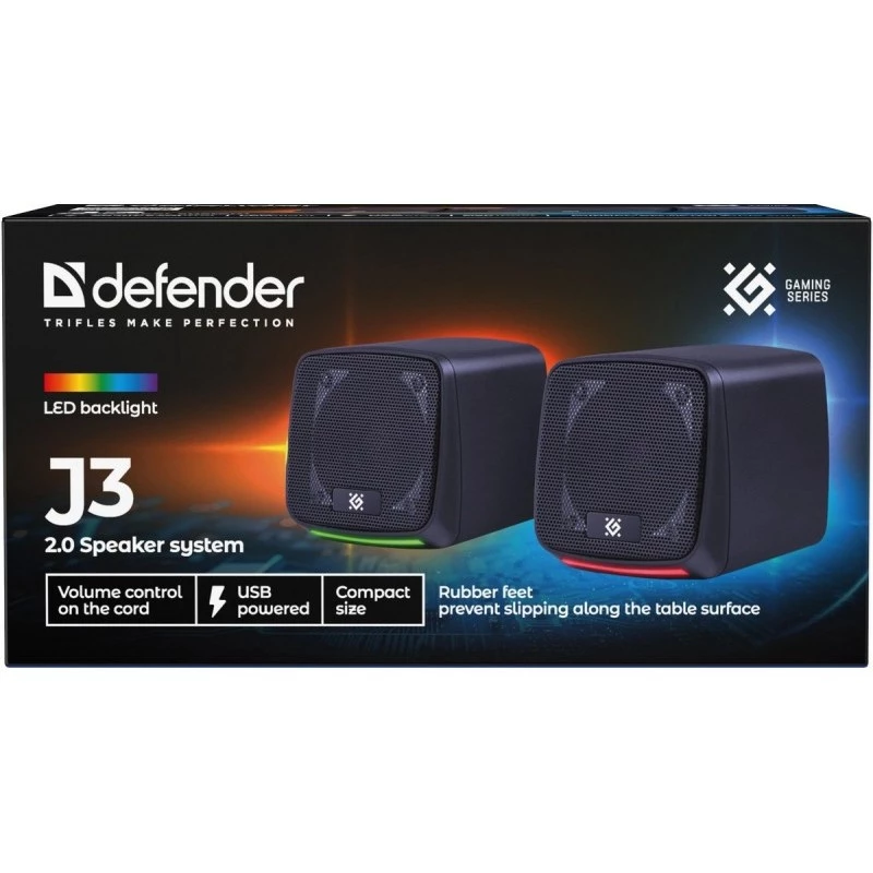Defender J3 2.0 altavoces para PC, 6 W, LED, alimentación USB, AUX, 90–20000 Hz, negros
